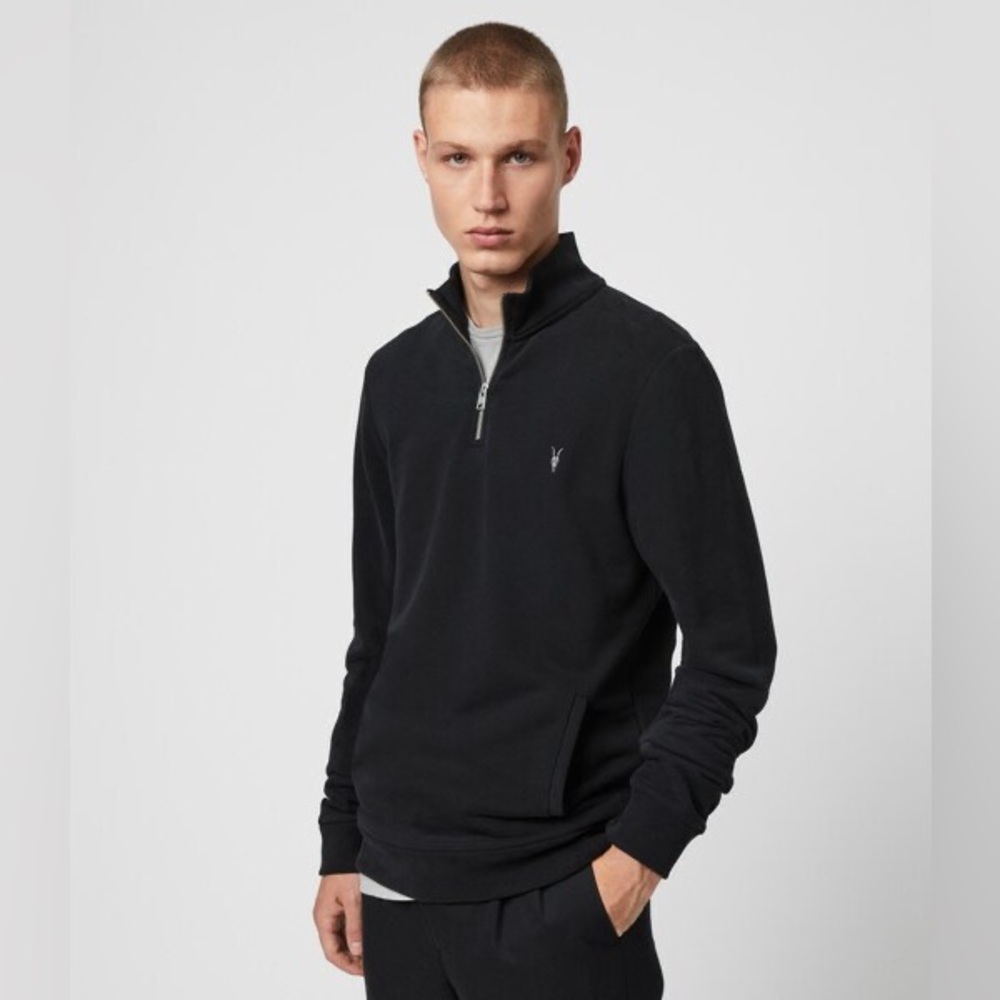 AllSaints Raven Half Zip Funnel Sweatshirt Size Small Jet Black MF075R